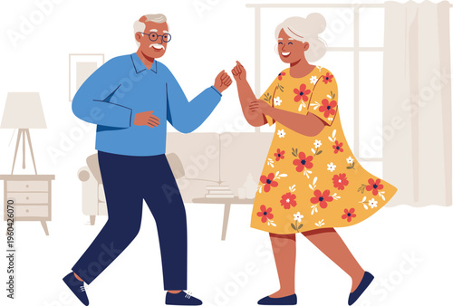 Elderly couple dancing together at home, happy senior lifestyle, love, companionship, joy, active aging illustration