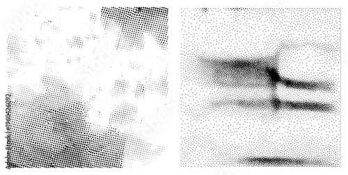 Black and white halftone forming abstract shapes, vector graphic, isolated design, geometric abstraction, dot matrix art, digital illustration.