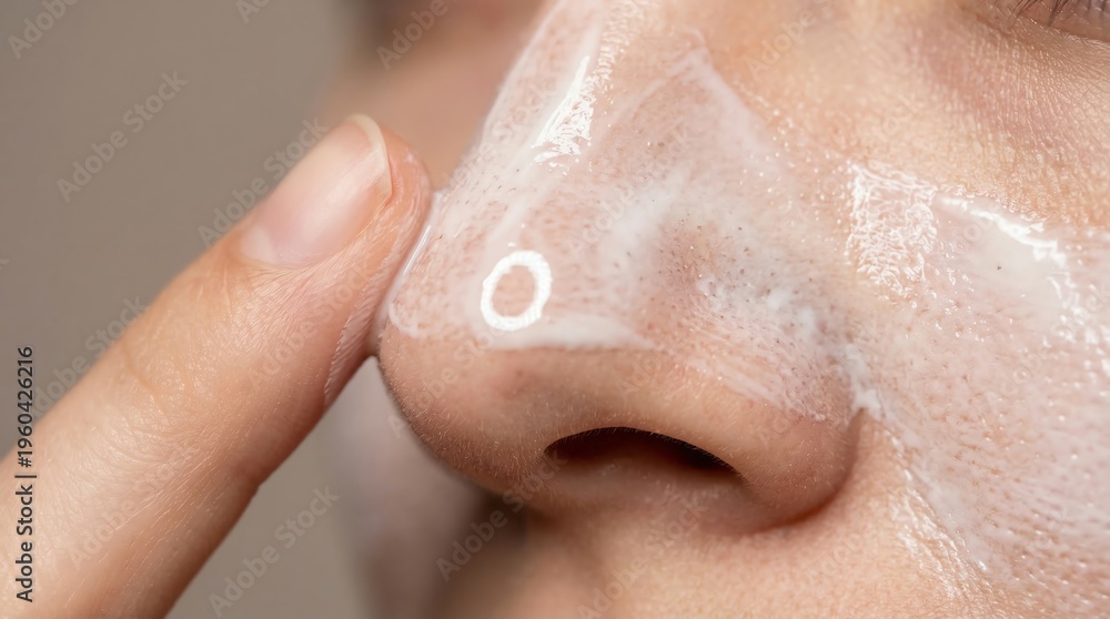 Fototapeta premium Close up of a Person Applying Foamy White Cleanser to Their Nose During a Daily Skincare Routine