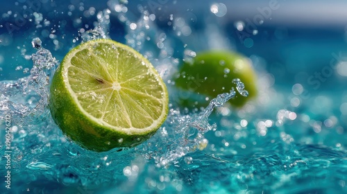 Fresh Lime Slice Splashes into Crystal Clear Water with Bubbles