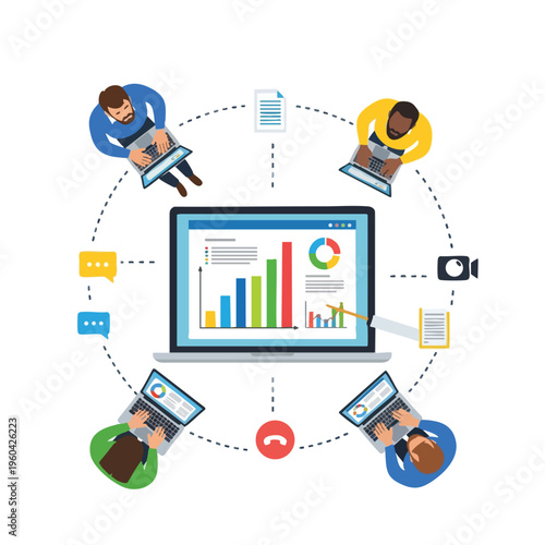 Diverse individuals collaborate online, sharing data via laptops around a central screen