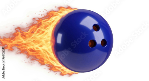 Blue bowling ball on fire, motion blur, isolated on white background