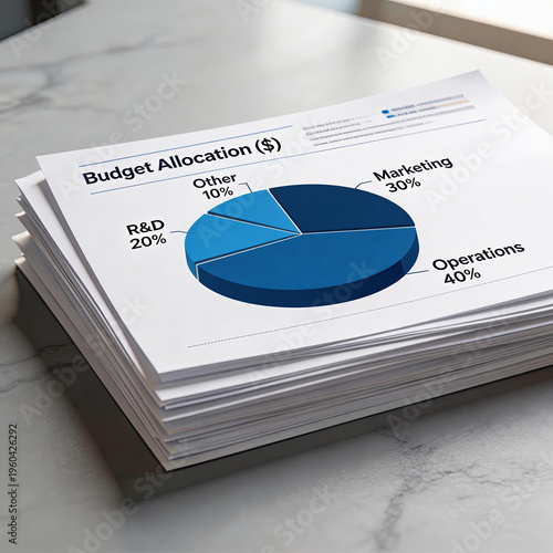 Stack of documents with a budget allocation pie chart showing marketing, R&D, operations, and other categories. Represents business finance planning and resource management.