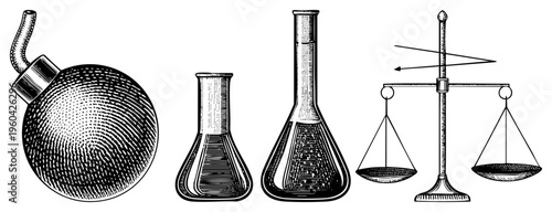 Hand drawn lab equipment including bomb calorimeter, Erlenmeyer flasks, and analytical balance, classic scientific instruments for chemistry experiments.