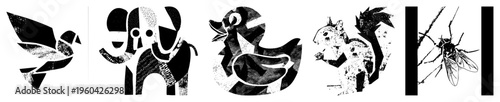 Abstract bird, dog, duck, squirrel, and fly rendered in geometric halftone, vector art, black and white, graphic design elements.