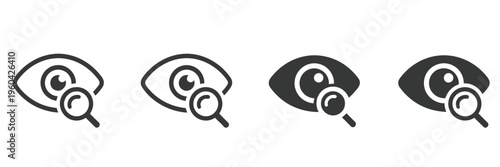 Eye, search icon with magnifying glass, view visibility symbol, watching scanning inspection concept, user interface navigation, content viewing element.