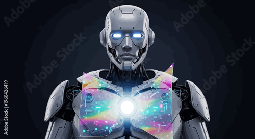 Advanced Robot with Futuristic Rainbow Heart, AI and Technology Concept
