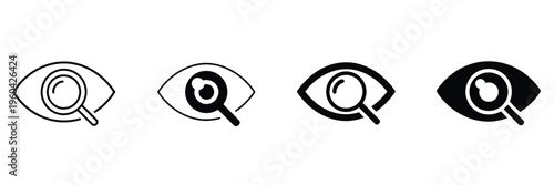 Eye, search icon with magnifying glass, view visibility symbol, watching scanning inspection concept, user interface navigation, content viewing element.