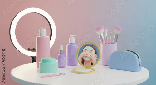 Beauty routine setup: skincare, makeup brushes, ring light, and mirror with woman applying mask