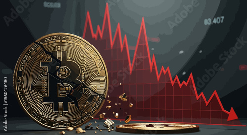 Bitcoin Crash: Broken Cryptocurrency Coin with Falling Red Graph, Financial Crisis