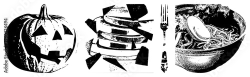 Carved jack o lantern with triangular eyes and mouth, sliced pumpkin rings, vintage fork, bowl of noodle soup with egg all in halftone black and white vector style.