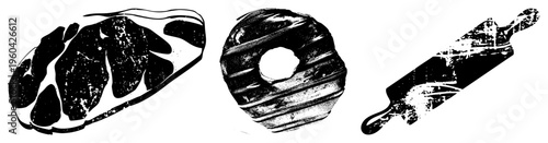 Black and white vector featuring steak with marbling, glazed donut with hole, and rolling pin with flour dust, rendered in halftone texture style.