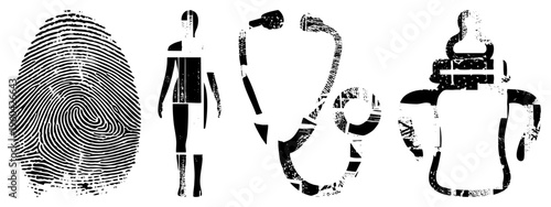 Medical symbols including fingerprint scan, human silhouette, stethoscope, baby bottle, healthcare, medical, biometric identification.