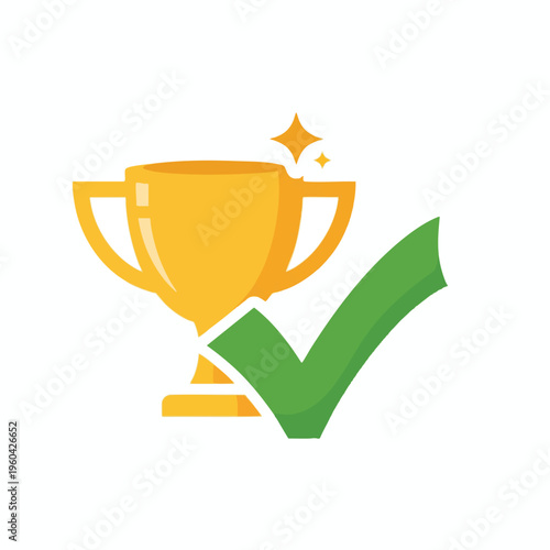 Golden trophy with sparkling stars and a prominent green checkmark