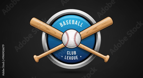 Baseball Club League Emblem with Crossed Bats and Ball on Blue Circle