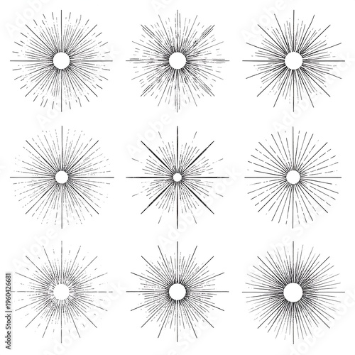 A collection of nine black and white radial line art designs