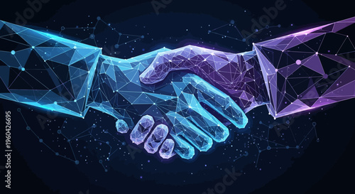 Digital handshake, futuristic technology, business partnership, AI collaboration, network connection