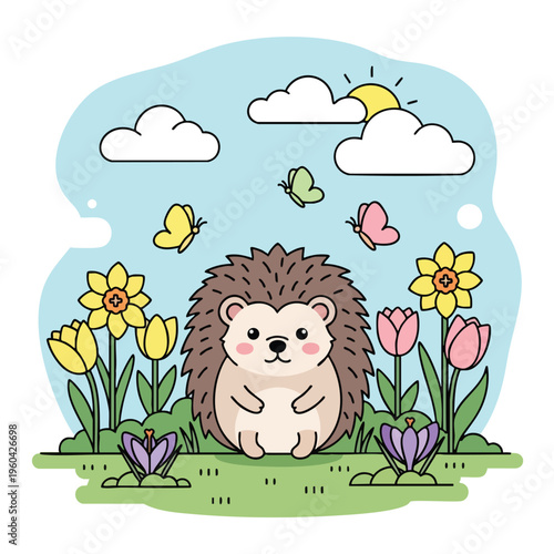 A cute hedgehog sits among colorful flowers and butterflies under a sunny sky