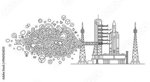Abstract concept of rocket launch with complex network of lines and cubes