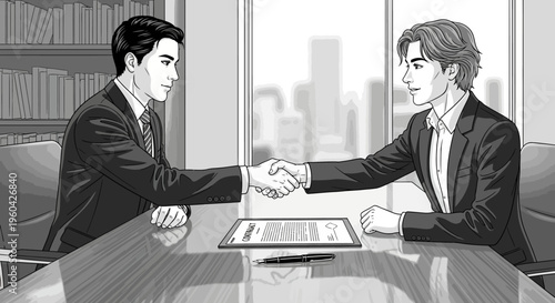 Businessmen shaking hands over contract, successful deal, office meeting, partnership agreement