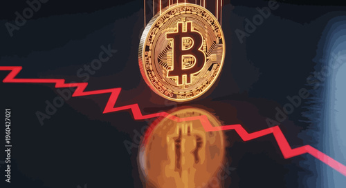 Bitcoin Cryptocurrency Price Drop, Falling Red Graph and Golden Coin on Dark Background