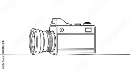 Minimalist Line Art Drawing of a Vintage Camera on a White Background