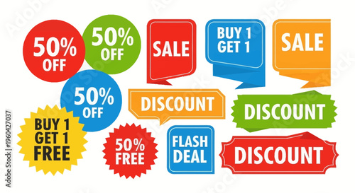 Collection of colorful sale and discount tags, labels, and stickers for marketing and promotions.