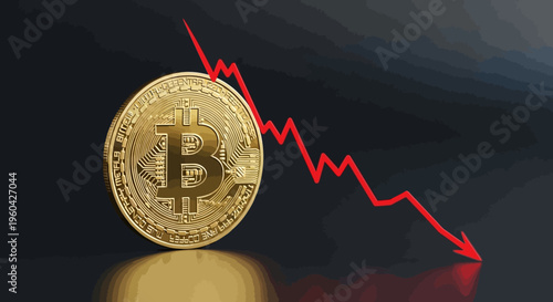 Bitcoin price crash: Gold coin falling with red arrow graph on dark background