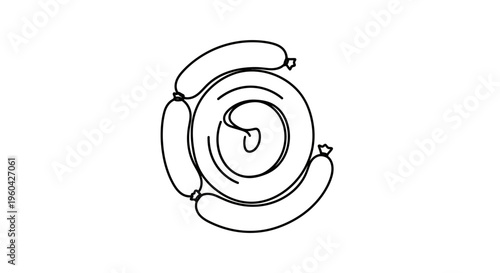 Minimalist Line Art Drawing of Sausage Coil with Mustard Swirl