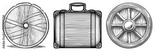 Hand drawn vintage travel items wooden wagon wheel, leather bound suitcase, spoked carriage wheel, all rendered in intricate halftone work.