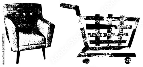 Retro armchair with button tufting beside shopping cart, halftone textured vector art, isolated furniture, consumer goods symbol.