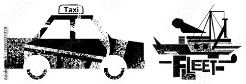 Black and white vector of taxi and boat with gritty texture, fleet logo, urban transport, water transport, stylized vehicles, isolated graphic elements.