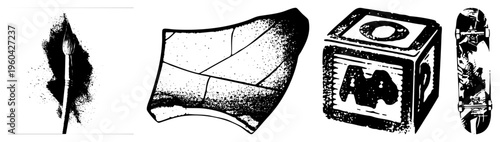 Paintbrush with splatter, curved ceramic, alphabet block with letters, skateboard with graphic, vector illustrations, artistic tools, urban design elements.