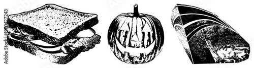 Halloween jack o’ lantern with carved face, classic sandwich on bread, open book with pages, halftone vector illustrations, black and white graphic design.