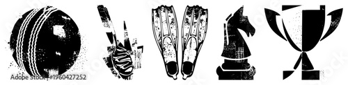 Collection of stylized sports including cricket ball, golf club, flippers, chess knight, and trophy, rendered in high contrast grunge vector art.