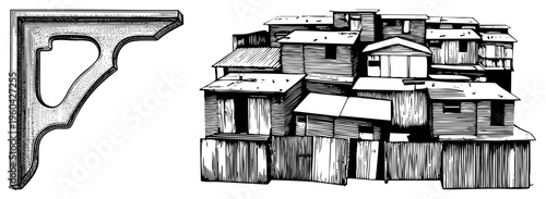 Intricate carved corbel detail and layered wooden shanty structures, architectural elements, rustic dwellings, hand drawn art, black and white vector graphics.