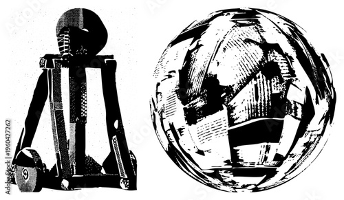 Black and white halftone robot arm and globe, vector art, mechanical design, retro tech, stylized globe, industrial aesthetic, isolated elements.