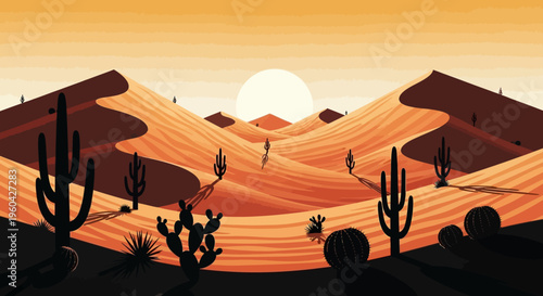 Desert Sunset Landscape with Cacti and Sand Dunes