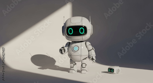 Cute cartoon robot with glowing eyes and a small companion robot on a white background.