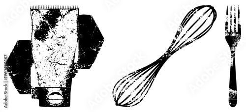 Grungy black and white vector of kitchen tools tube, whisk, fork with textured, worn surfaces, ideal for retro or rustic design projects.