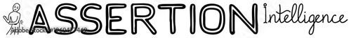 Bold "ASSERTION" text with cursive "," paired with minimalist figure gesturing confidently, vector branding for assertive concepts.