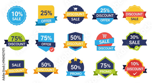 Collection of Discount Sale Offer Badges and Labels for Marketing and Promotion