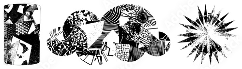 Bold graphic shapes with halftone textures, fragmented forms, stylized motifs, modern vector design, isolated art elements.