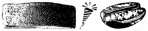 Black and white halftone illustrations of coffee bean, roasted coffee block, and cone, vector graphic, isolated elements, coffee industry.