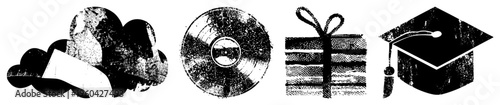 Retro stylized symbols featuring cloud, record, present, and graduation cap in distressed black and white, ideal for music, education, or gift themed designs.