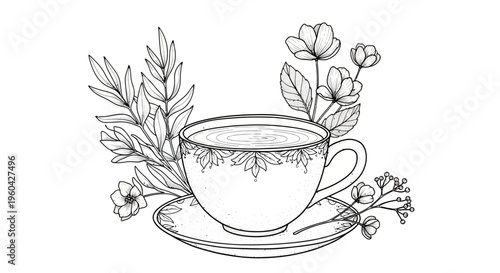 Elegant Tea Cup with Floral Arrangement - Hand-Drawn Sketch