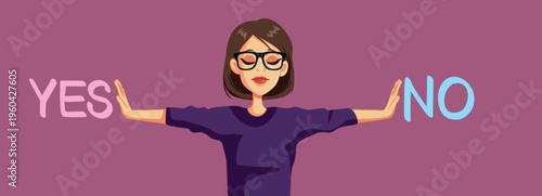 Woman Pushing Away Yes and No Vector Illustration. Undecided lady feeling more like maybe instead of definitive answers
