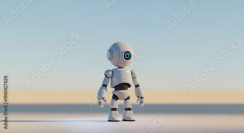 Cute Robot Character Standing in Minimalist Desert Landscape