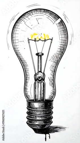 A detailed drawing of a lit light bulb with a visible filament