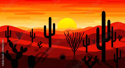 Desert Sunset Silhouette: Cacti and Arid Landscape under a Fiery Sky